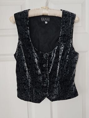 Kenar Black Silk Blend Velvet Floral Button-Front Vest